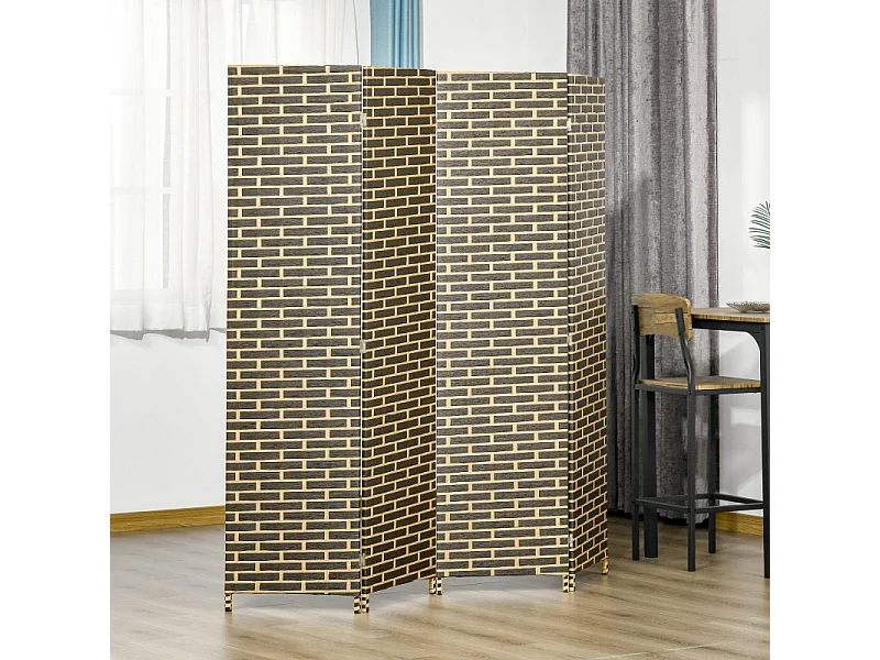 Séparateur de pièce 4 panneaux MARIJO noir et paille