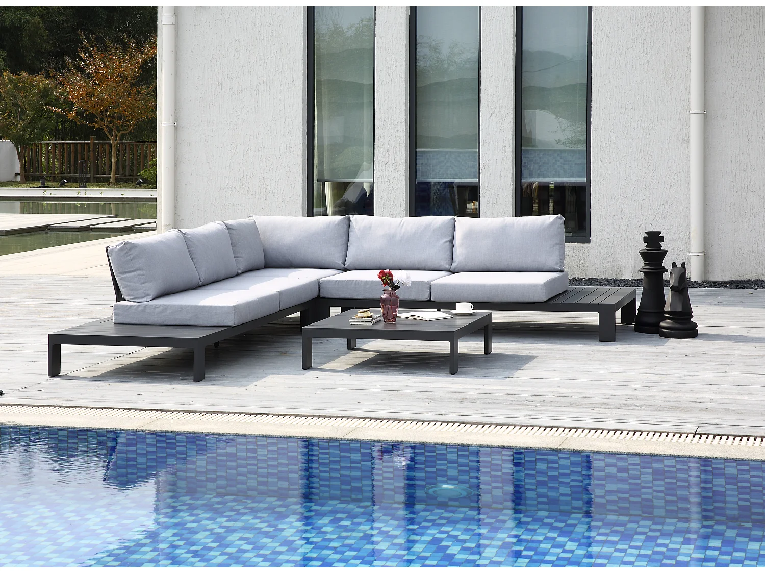 Gartensofa 2-Sitzer mit Ablagen - Aluminium - L. 199 cm - Schwarz - MENDOZA