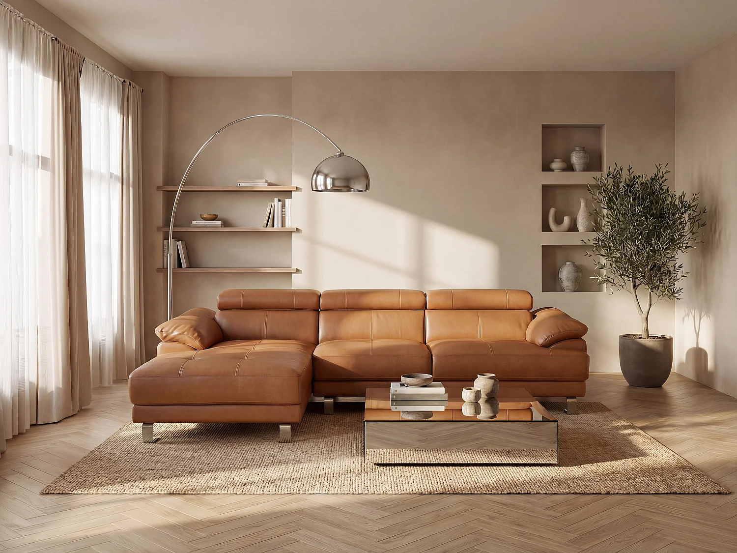 Hjørnesofa venstre i camel premium skinn EXCELSIORA