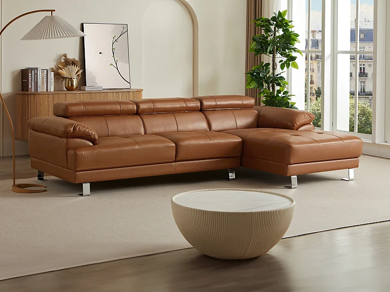 Canapé d'angle droit en cuir premium camel EXCELSIORA