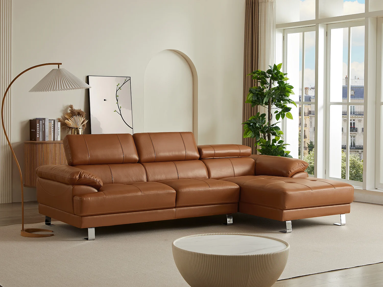 Canapé d'angle droit en cuir premium camel EXCELSIORA