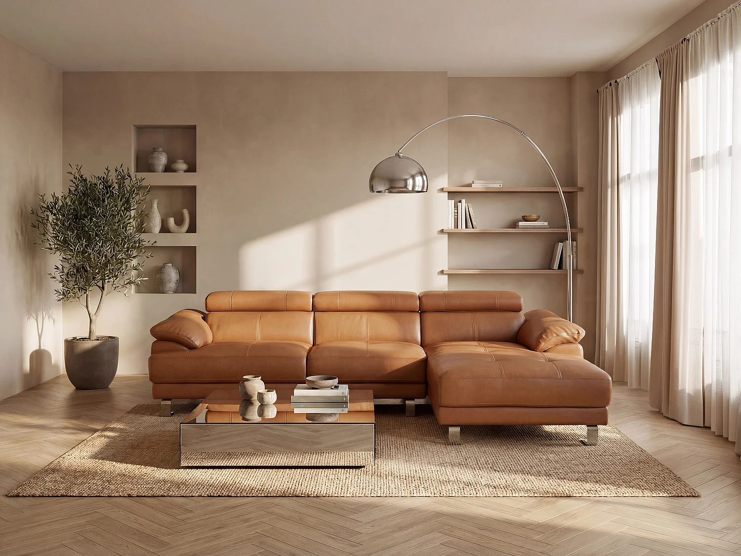 Soffa med schäslong högerställd i caramel exklusivt läder EXCELSIORA