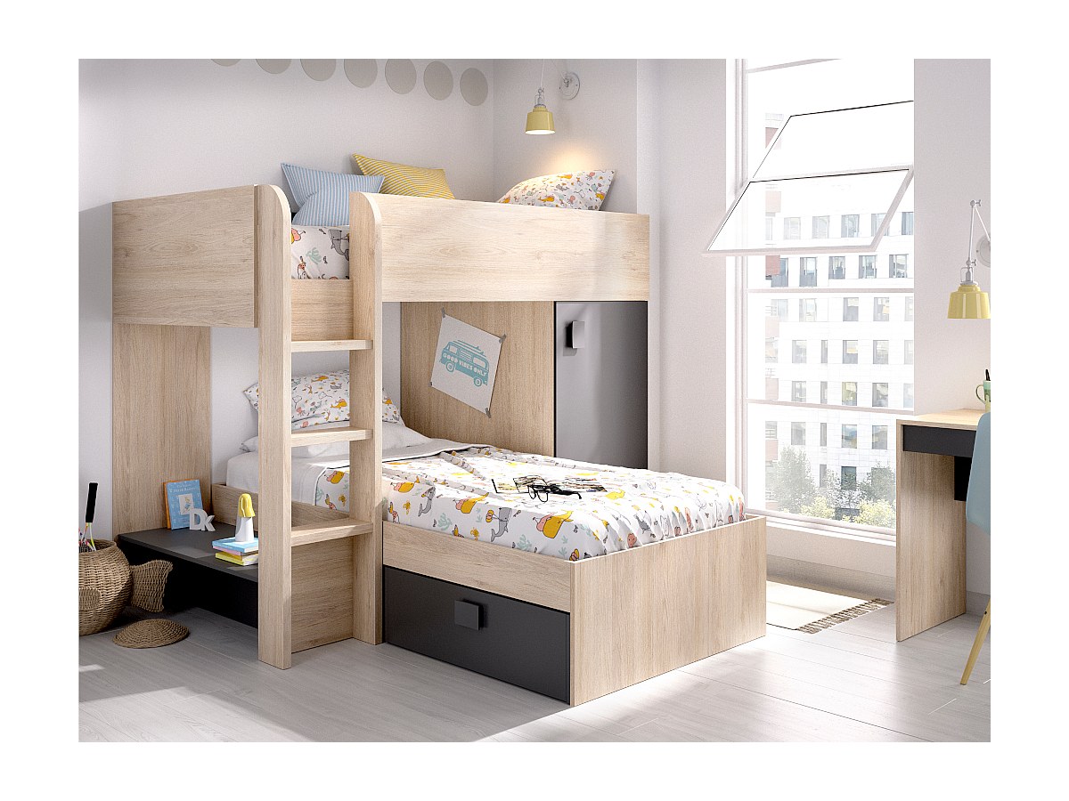 Etagenbett mit Stauraum RICARDO - 2 x 90 x 190 cm - Eiche & Anthrazit