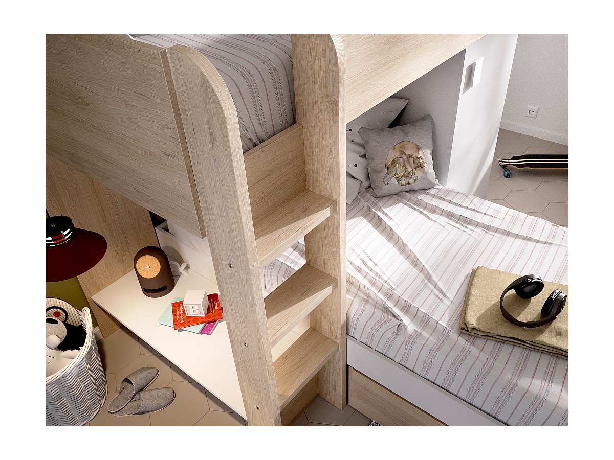 Etagenbett mit Stauraum RICARDO - 2 x 90 x 190 cm - Eiche & Weiß