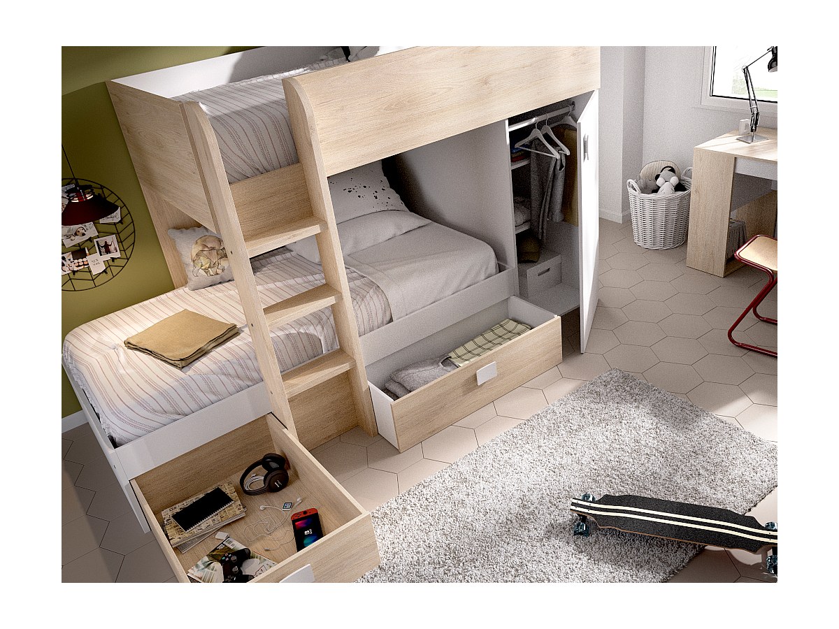 Etagenbett mit Stauraum RICARDO - 2 x 90 x 190 cm - Eiche & Weiß