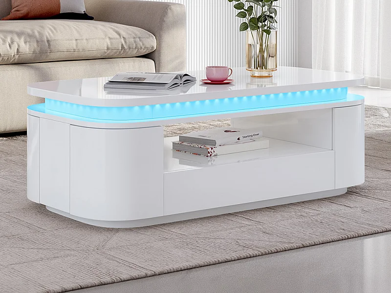 Couchtisch mit 4 Türen & 1 Schublade + LEDs - MDF - Weiß - VANDANA