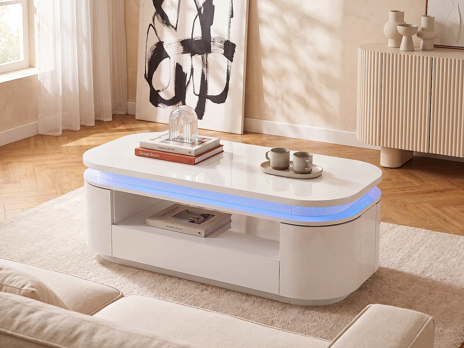 Couchtisch mit 4 Türen & 1 Schublade + LEDs - MDF - Weiß - VANDANA