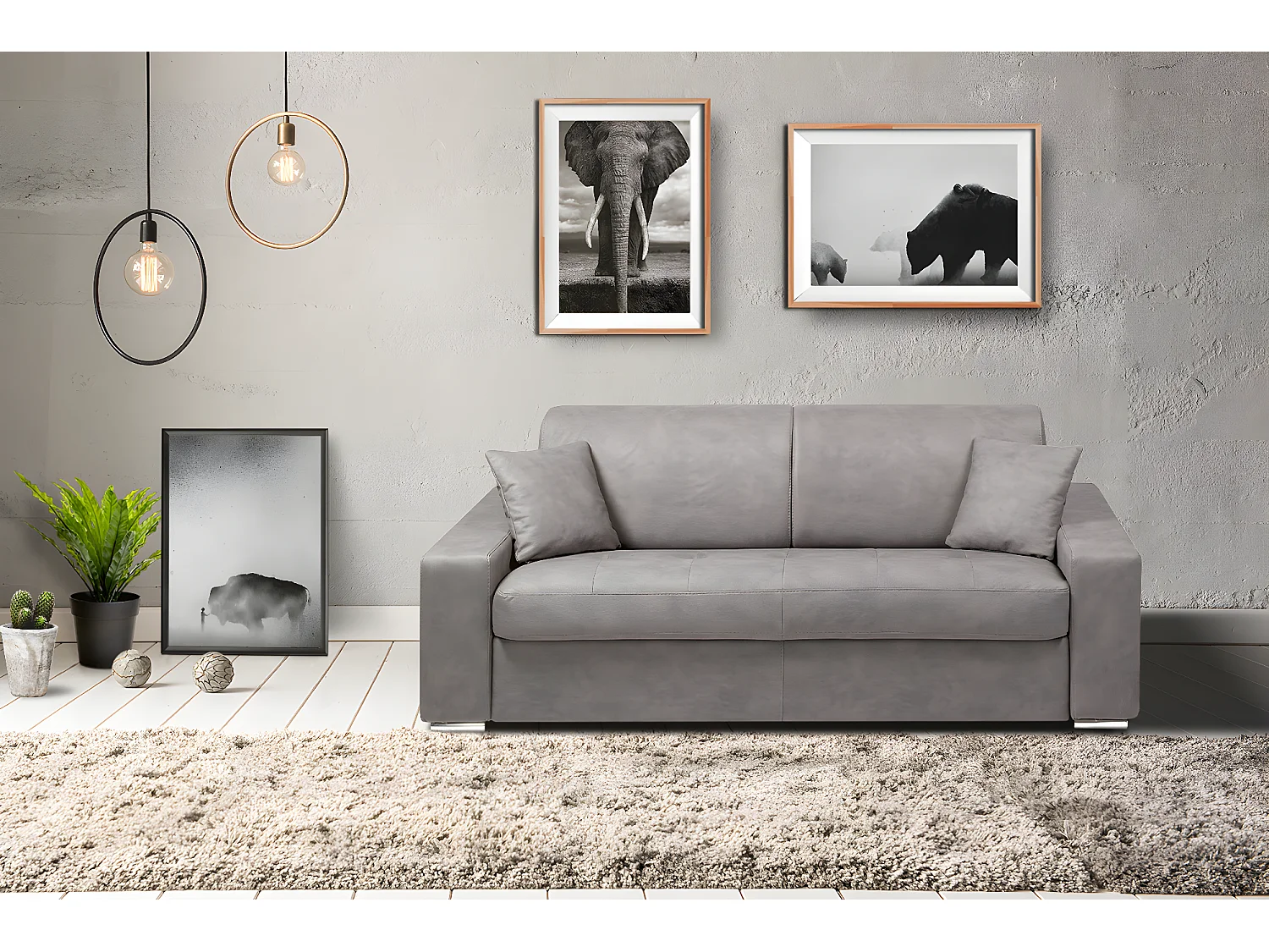 Canapé 3 places convertible express en tissu EMIR - Gris - Couchage à lattes larges 140 cm - Matelas 14 cm
