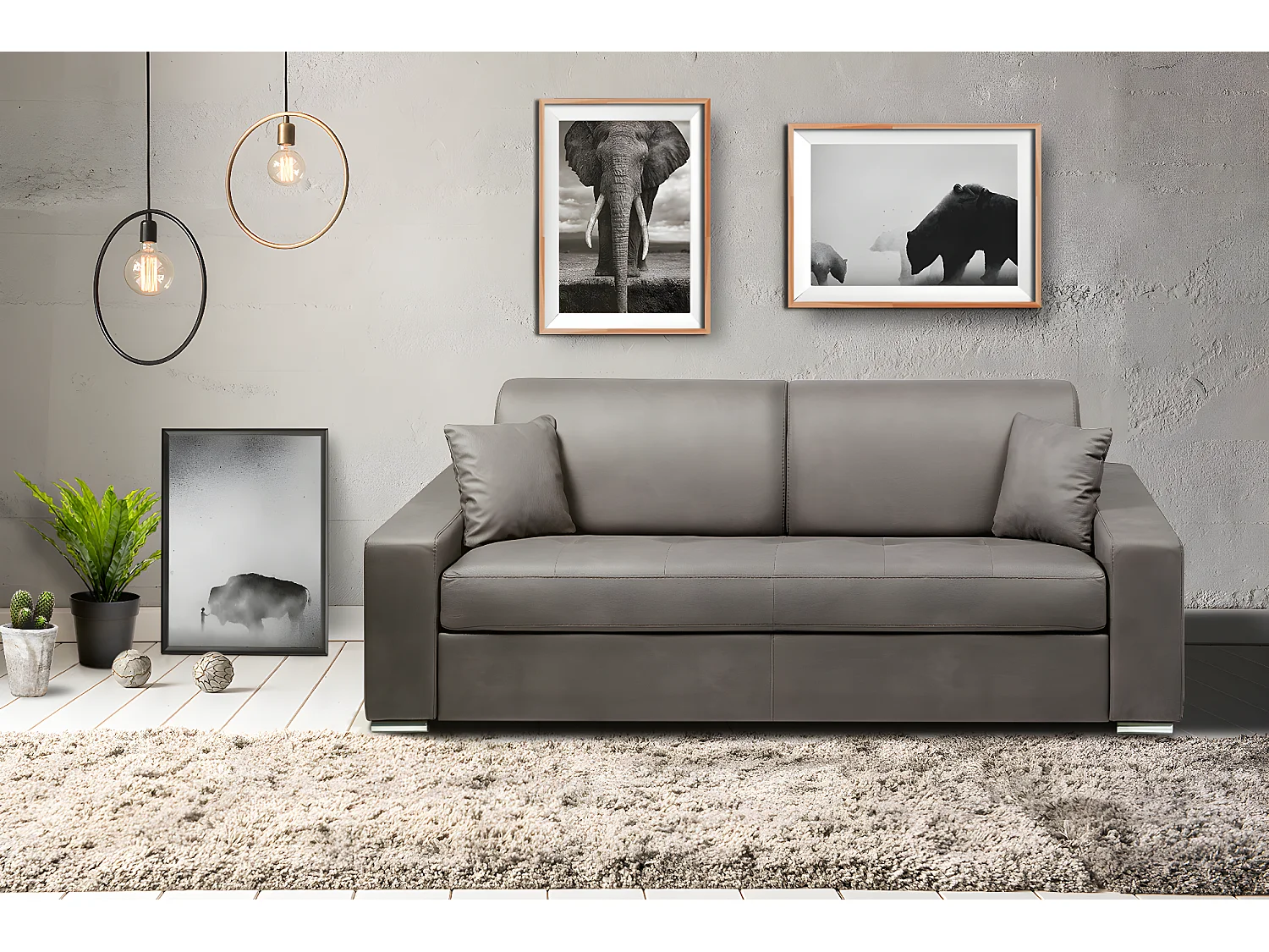 Canapé 4 places convertible express en tissu EMIR - Gris - Couchage à lattes larges 160 cm - Matelas 14 cm