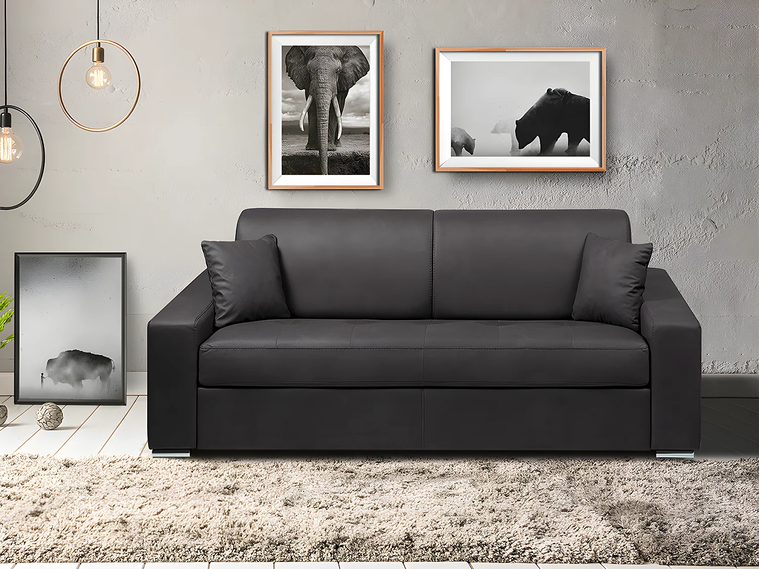 Express vierzits slaapbank van stof - Lattenbodem 160 cm - Matras 18 cm - Antraciet - EMIR