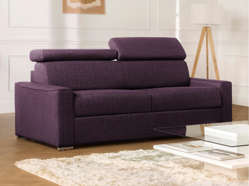 Canapé 4 places convertible express en tissu violet - Couchage à lattes larges 160 cm - Matelas 14 cm VIZIR