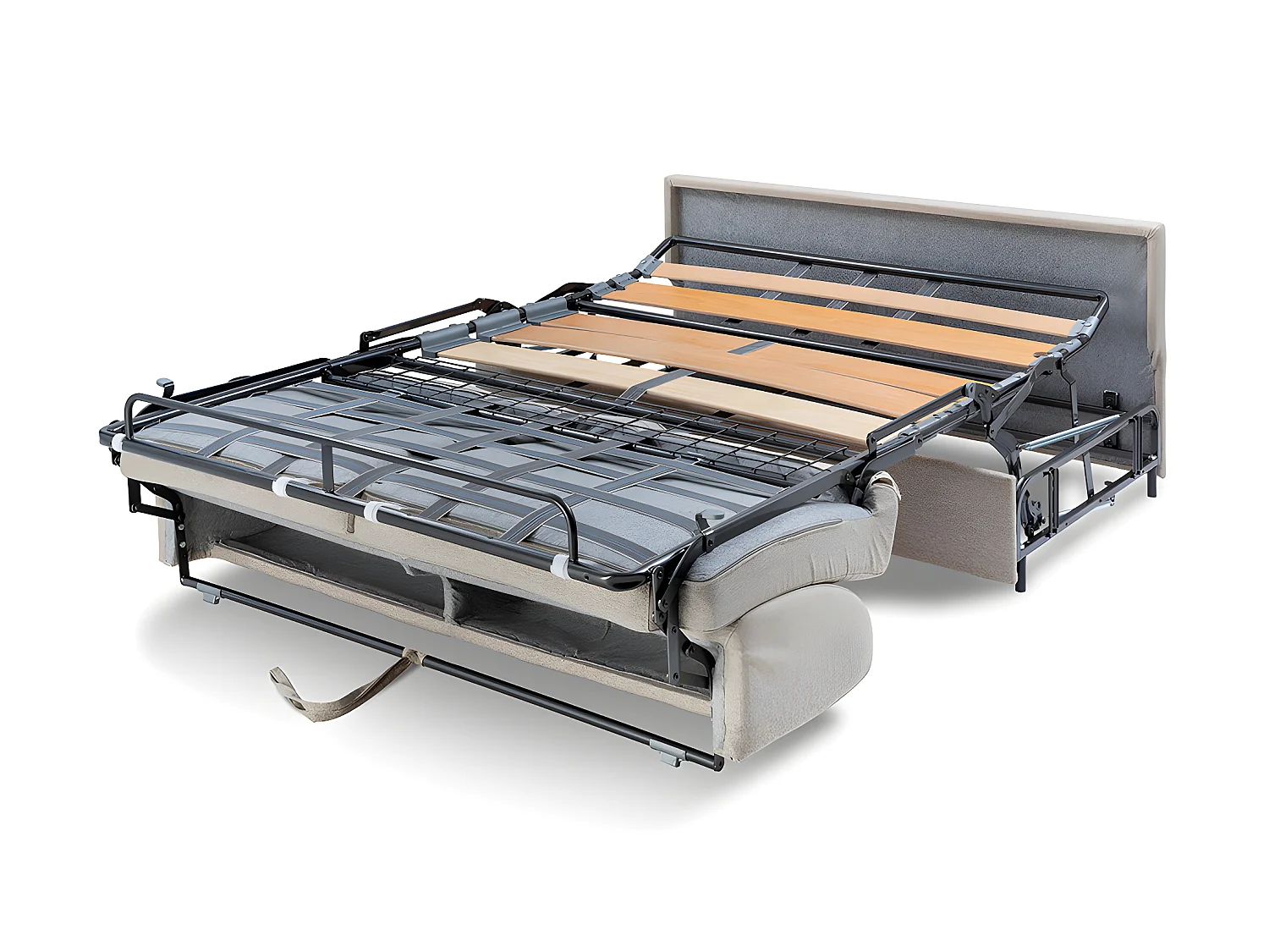 Canapé 3 places convertible express en tissu gris - Couchage à lattes larges 140 cm - Matelas 18 cm VIZIR