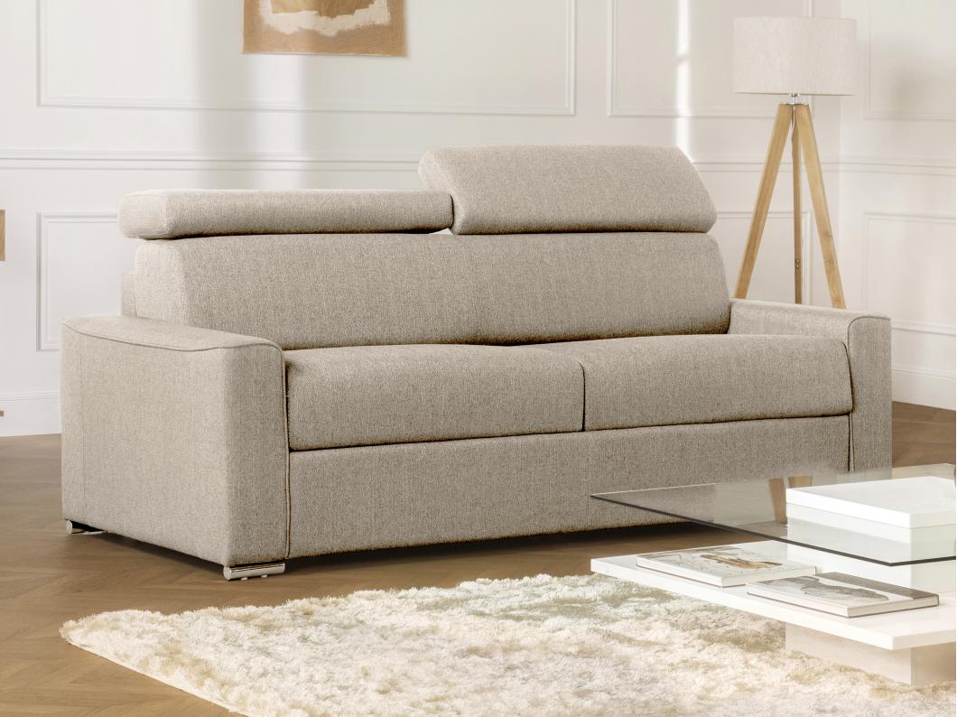 Canapé 4 places convertible express en tissu beige - Couchage à lattes larges 160 cm - Matelas 18 cm VIZIR