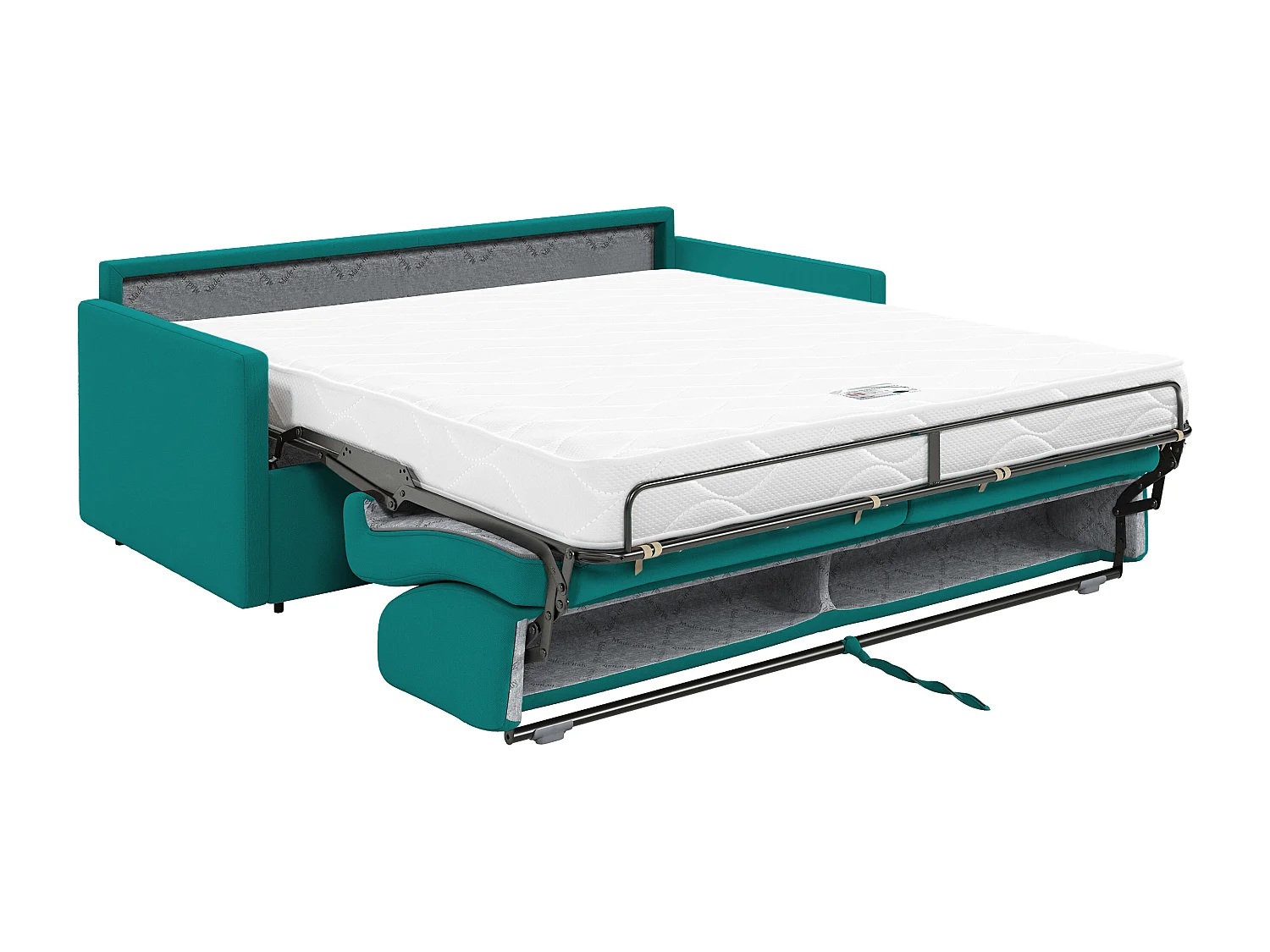 Canapé 3 places convertible express en tissu bleu turquoise - Couchage à lattes larges 140 cm - Matelas 14 cm CALIFE