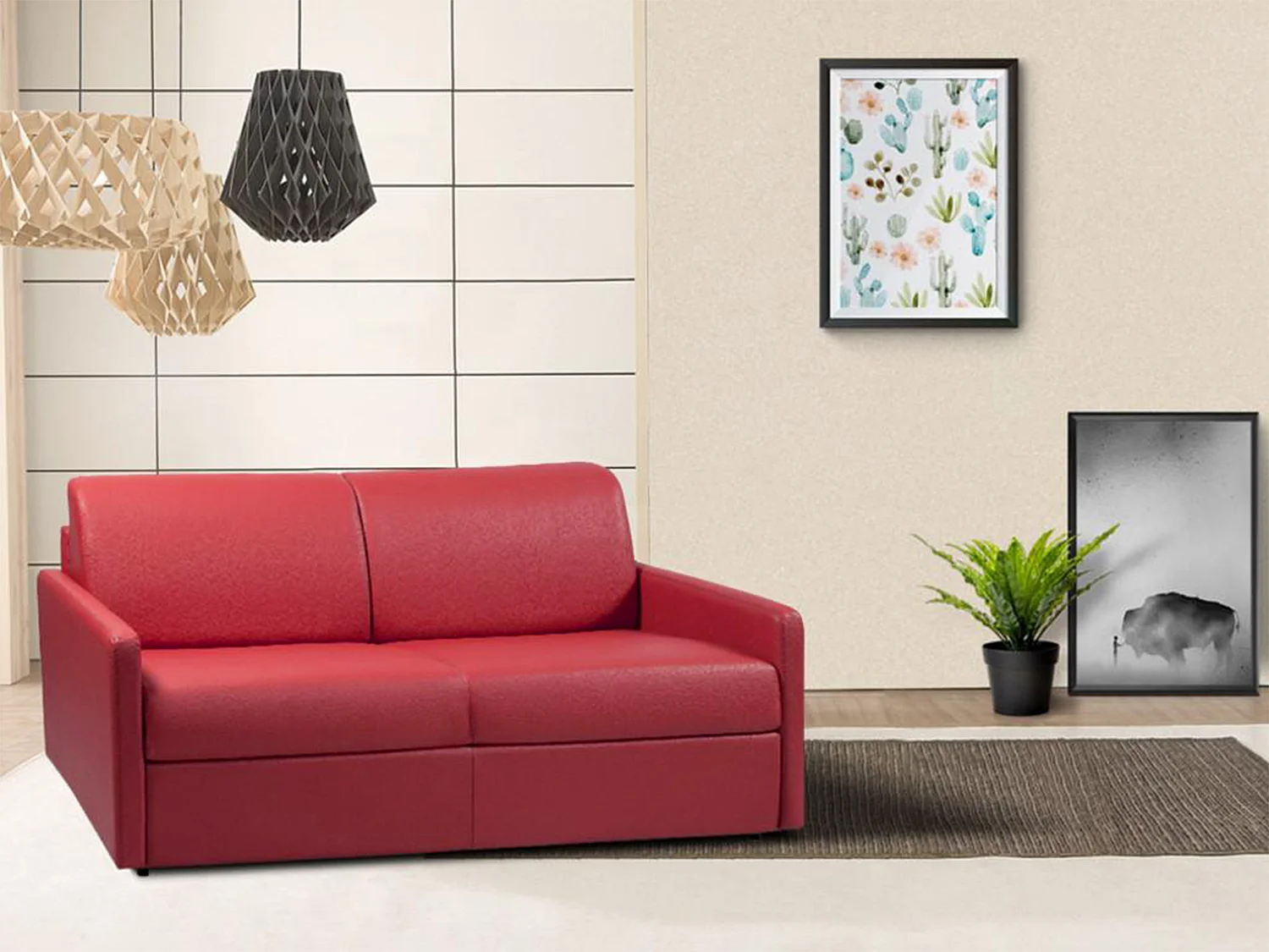 Schlafsofa 3-Sitzer - Liegefläche mit Lattenrost mit breiten Latten: 140 cm - Matratze: 14 cm - Kunstleder - Rot - CALIFE
