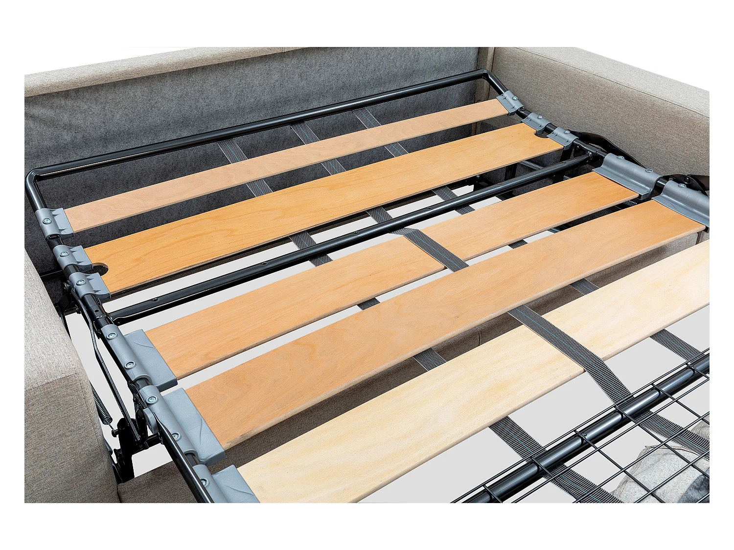 Canapé 3 places convertible express en tissu gris clair - Couchage à lattes larges 140 cm - Matelas 14 cm CALIFE