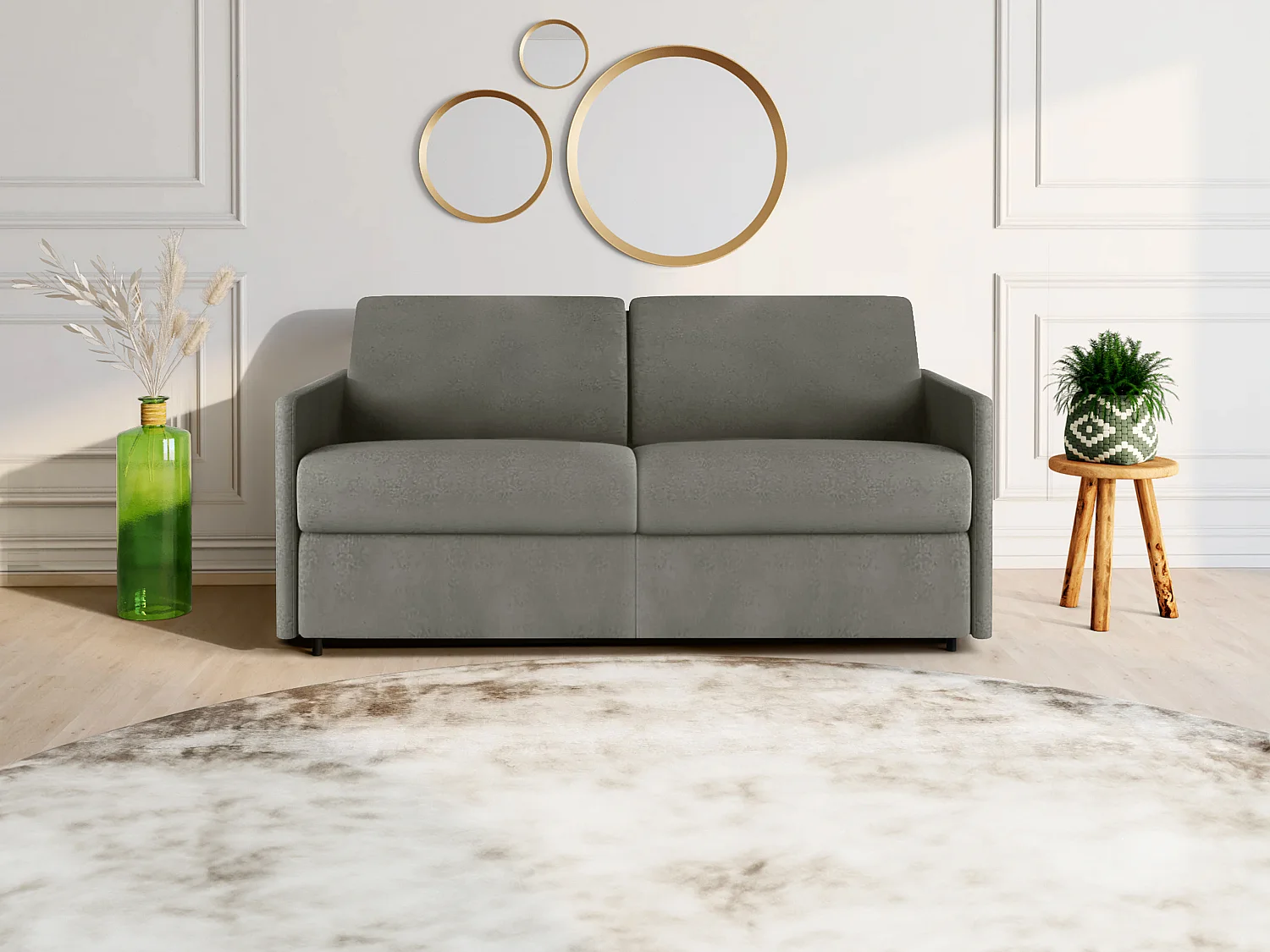 Schlafsofa 3-Sitzer - Liegefläche mit Lattenrost mit breiten Latten: 140 cm - Matratze: 14 cm - Stoff - Hellgrau - CALIFE
