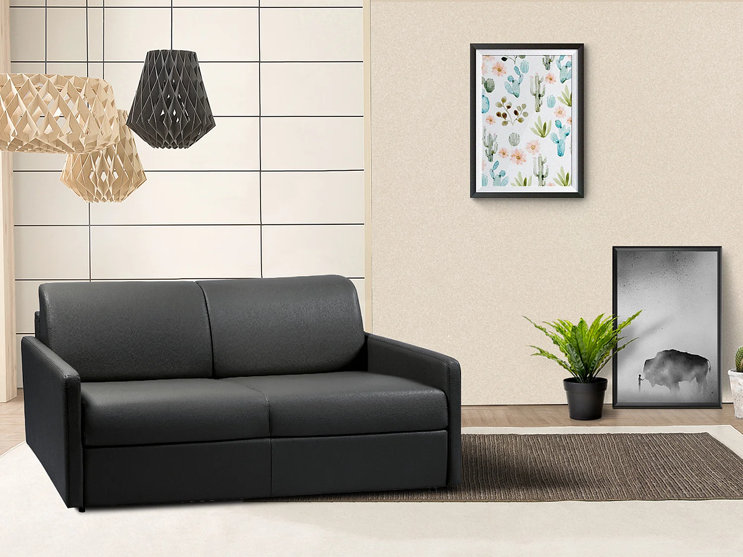 Schlafsofa 3-Sitzer - Liegefläche mit Lattenrost mit breiten Latten: 140 cm - Matratze: 14 cm - Kunstleder - Schwarz - CALIFE