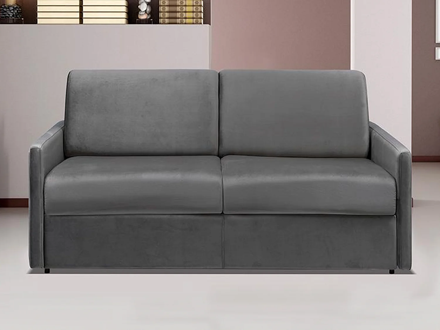 Canapé 3 places convertible express en velours gris anthracite - Couchage à lattes larges 140 cm - Matelas 14 cm CALIFE