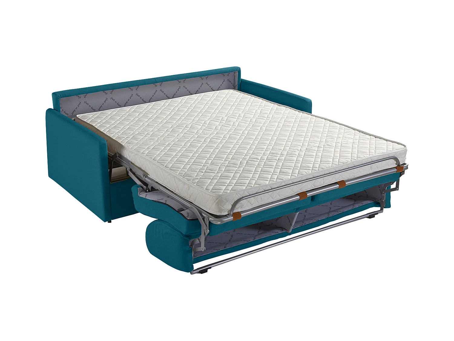 4-seters sovesofa med hurtigmekanisme i turkis stoff - 160 cm bred lamellbunn - 14 cm madrass CALIFE