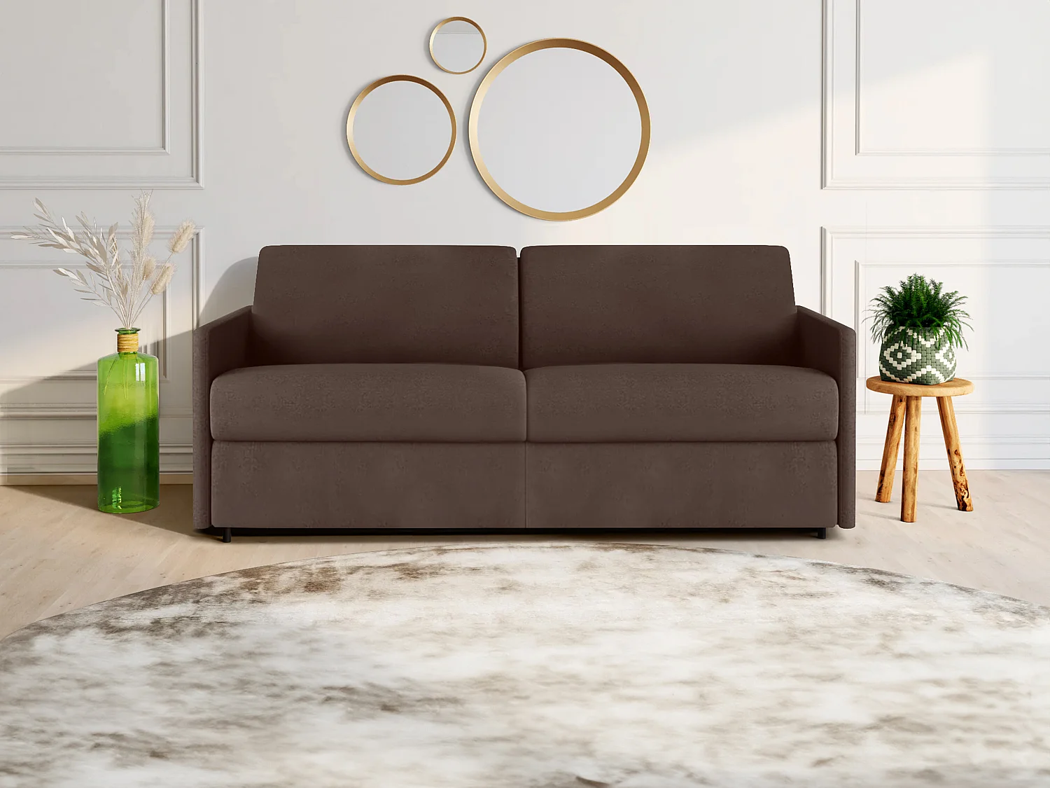Canapé 4 places convertible express en tissu marron- Couchage à lattes larges 160 cm - Matelas 14 cm CALIFE