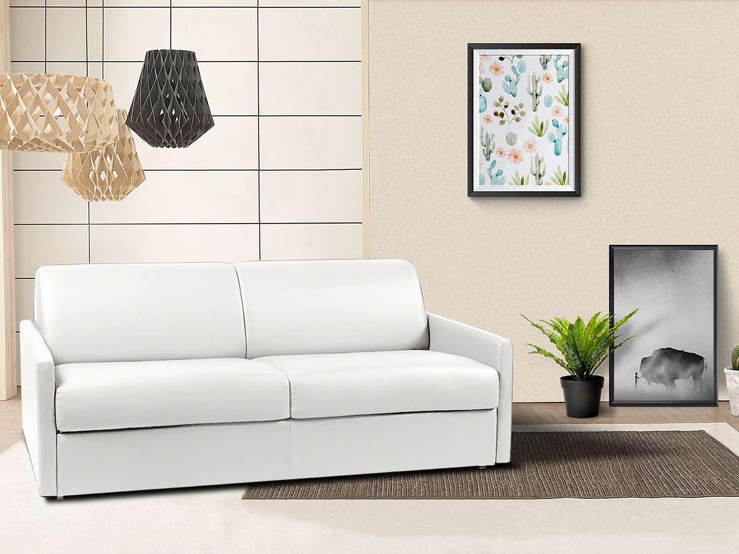 Canapé 4 places convertible express en simili blanc - Couchage à lattes larges 160 cm - Matelas 14 cm CALIFE