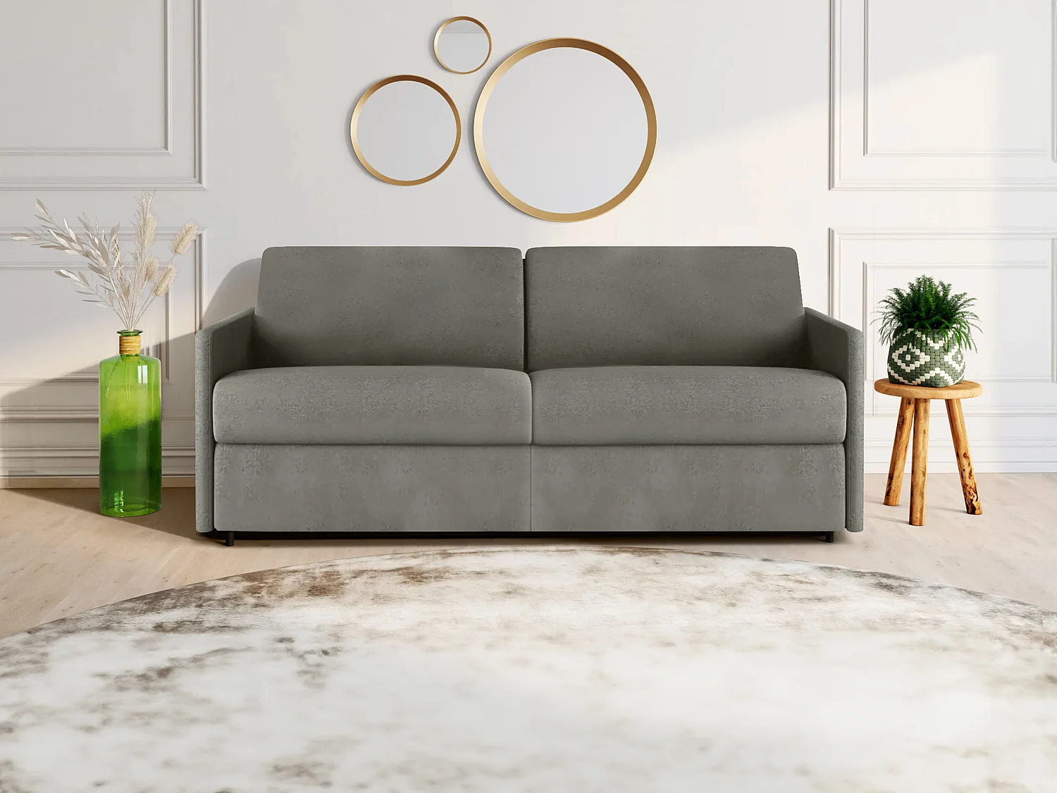Canapé 4 places convertible express en tissu gris clair - Couchage à lattes larges 160 cm - Matelas 14 cm CALIFE
