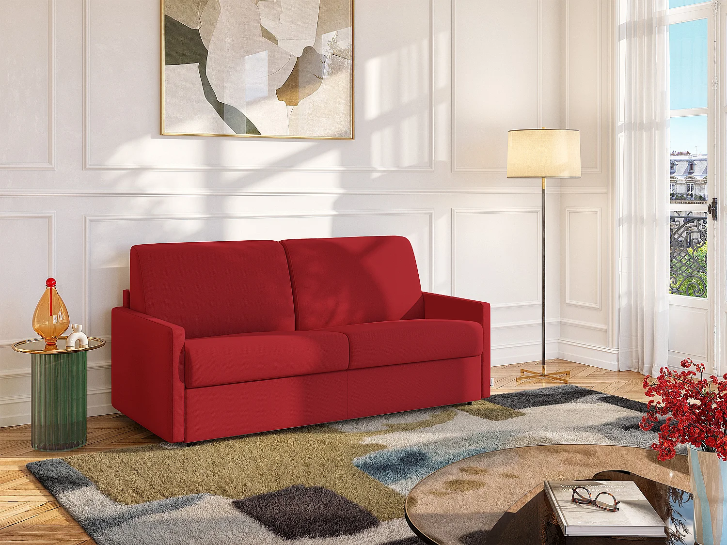 3-personers sovesofabed i rødt stof - Sovesofa med lamellat-liggeflade 140 cm - 18 cm madras CALIFE