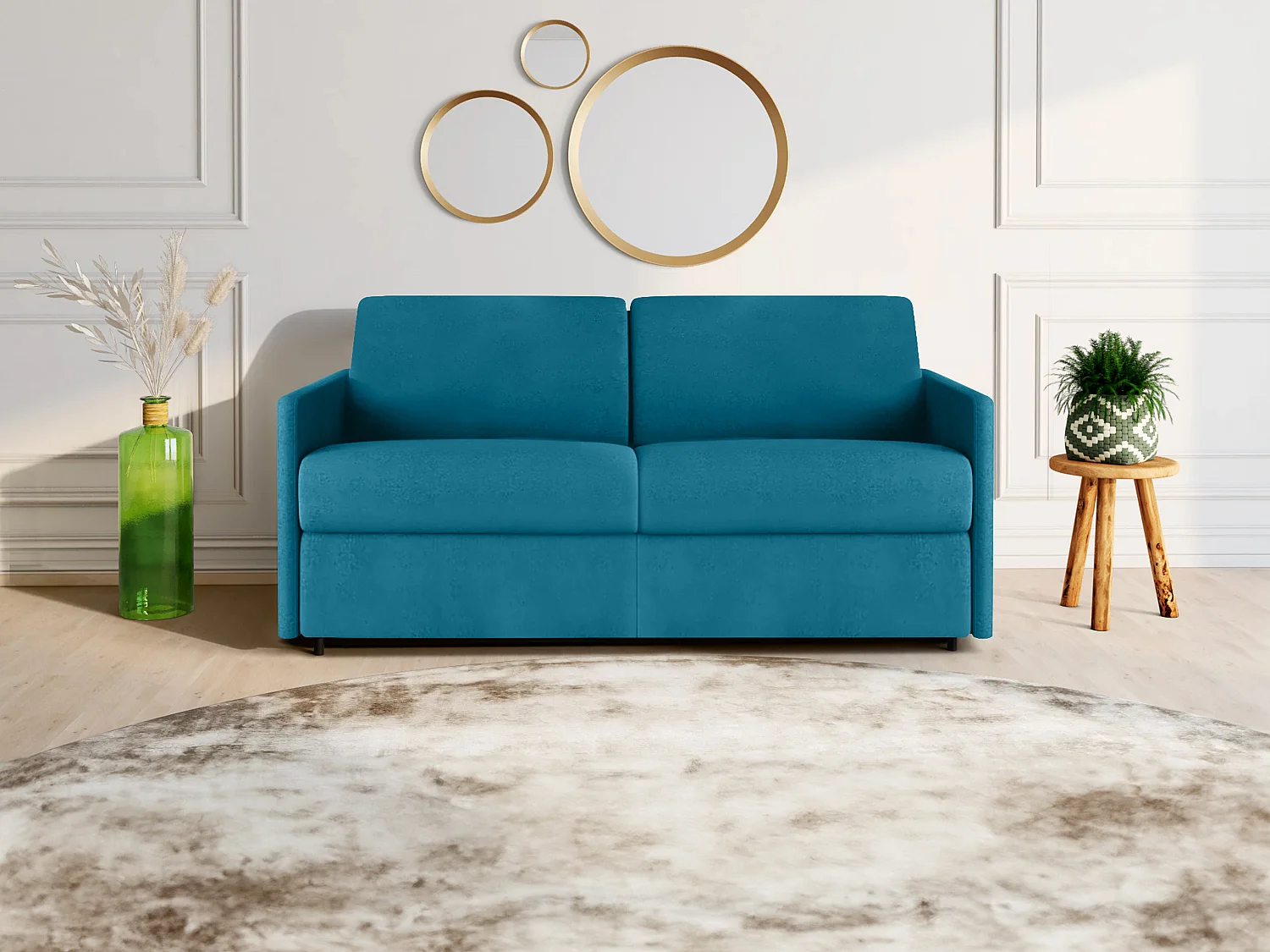 Canapé 3 places convertible express en tissu bleu turquoise - Couchage à lattes larges 140 cm - Matelas 18 cm CALIFE