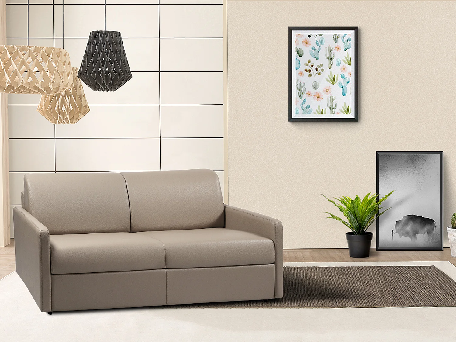 Canapé 3 places convertible express en simili taupe - Couchage à lattes larges 140 cm - Matelas 18 cm CALIFE