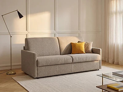 Divano letto 4 posti express Letto con doghe larghe 160 cm Materasso 18 cm Tessuto Beige - - CALIFE