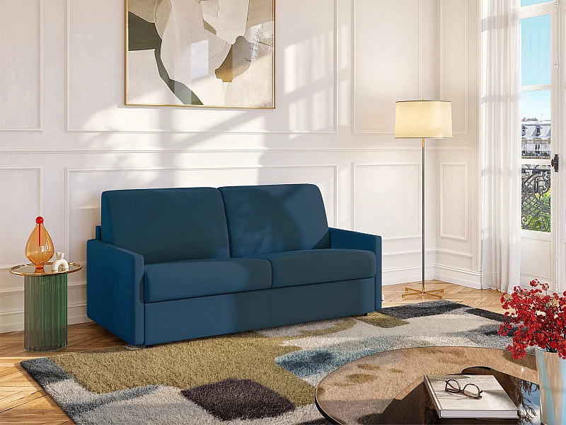 Divano letto 4 posti a ribalta Letto con doghe larghe 160 cm Materasso 18 cm Tessuto Blu - CALIFE