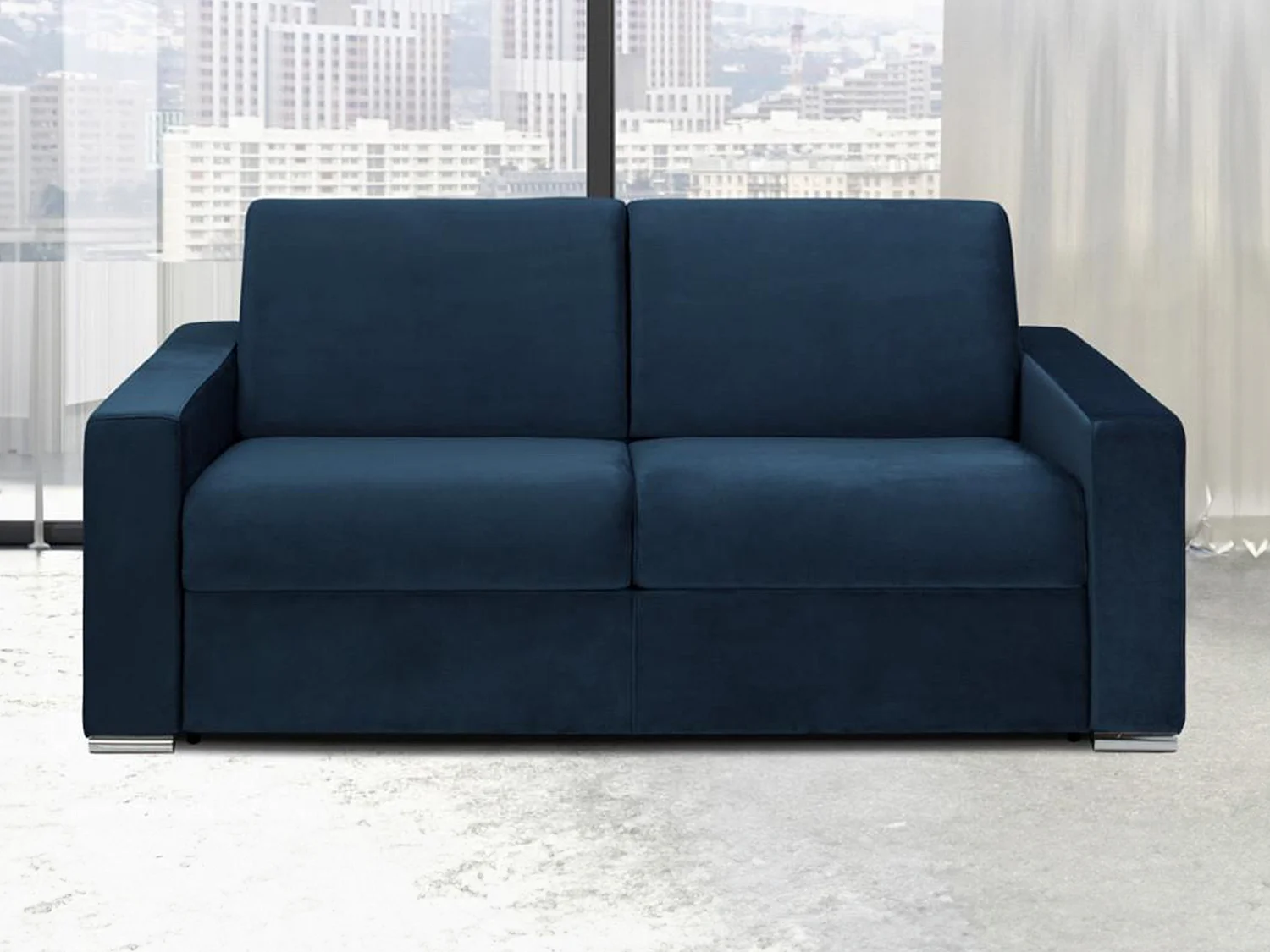 Canapé 3 places convertible express en velours bleu nuit - Couchage 140 cm - Matelas 14 cm CALITO