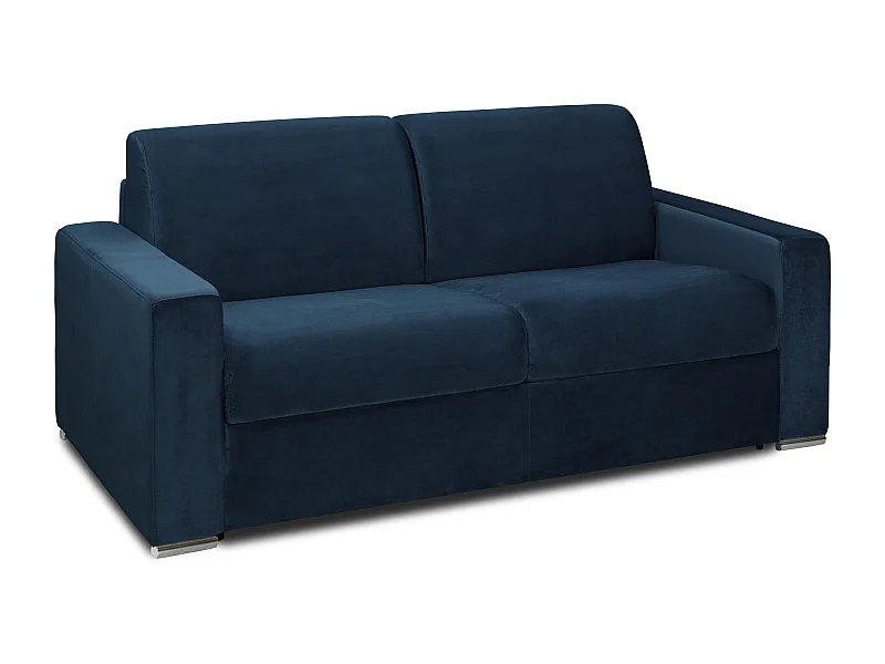 Canapé 4 places convertible express en velours bleu nuit - Couchage 160 cm - Matelas 14 cm CALITO