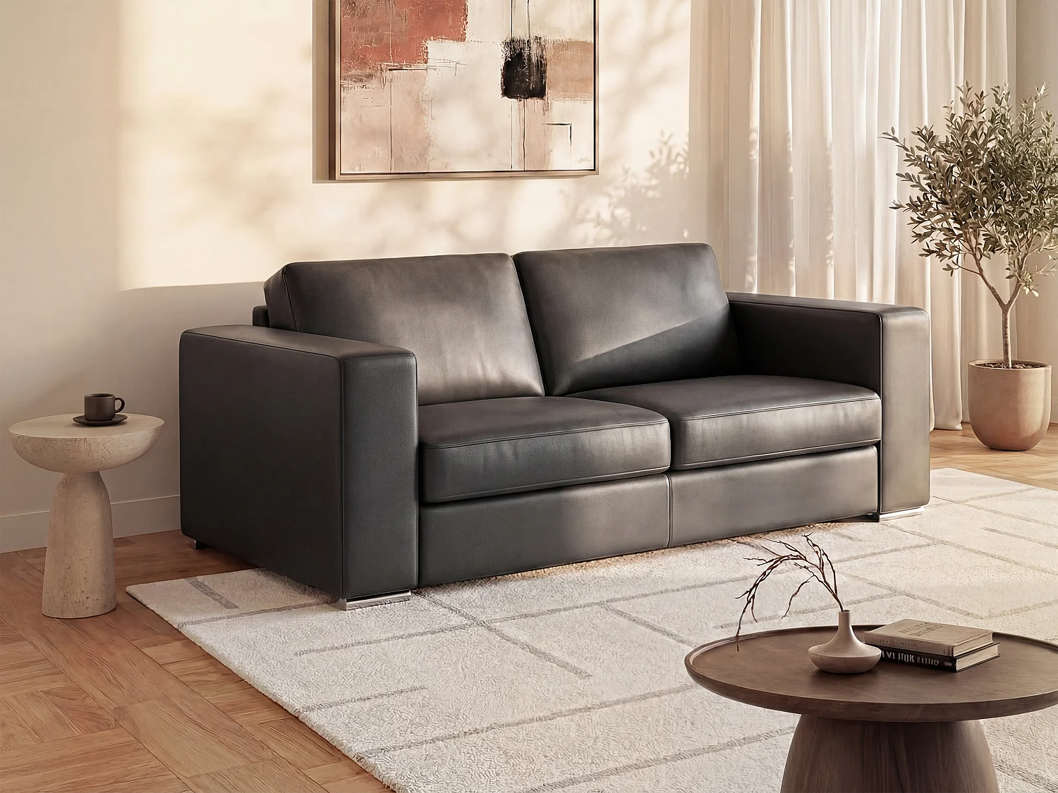 Canapé 3 places convertible express en simili noir - Couchage 140 cm - Matelas 18 cm CALITO