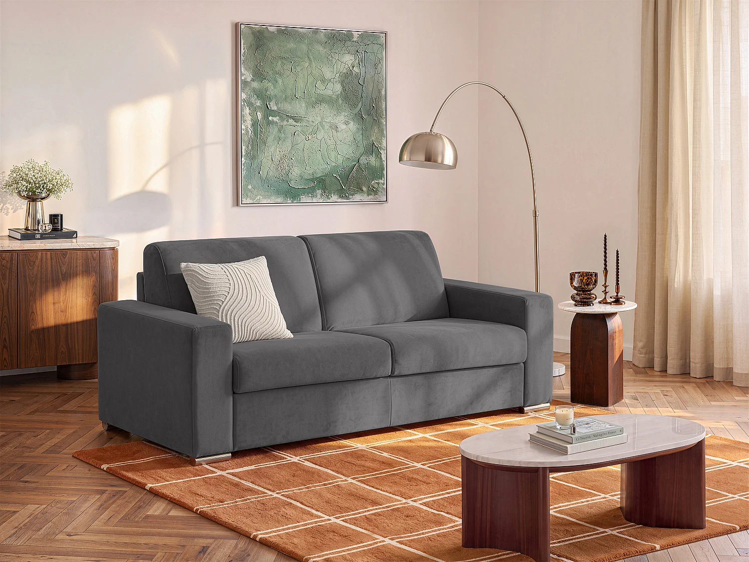 Canapé 3 places convertible express en velours anthracite - Couchage 140 cm - Matelas 18 cm CALITO