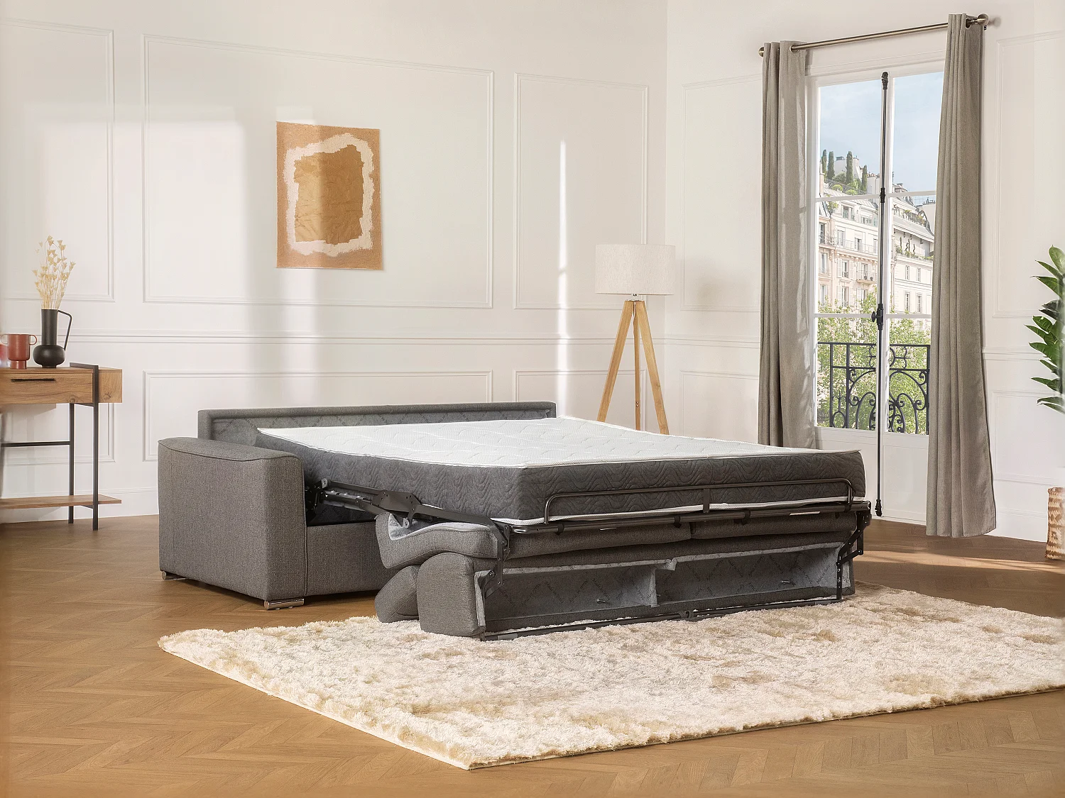 Canapé 2 places convertible express en tissu gris - couchage 120 cm - Matelas 14 cm avec mémoire de forme VIZIR