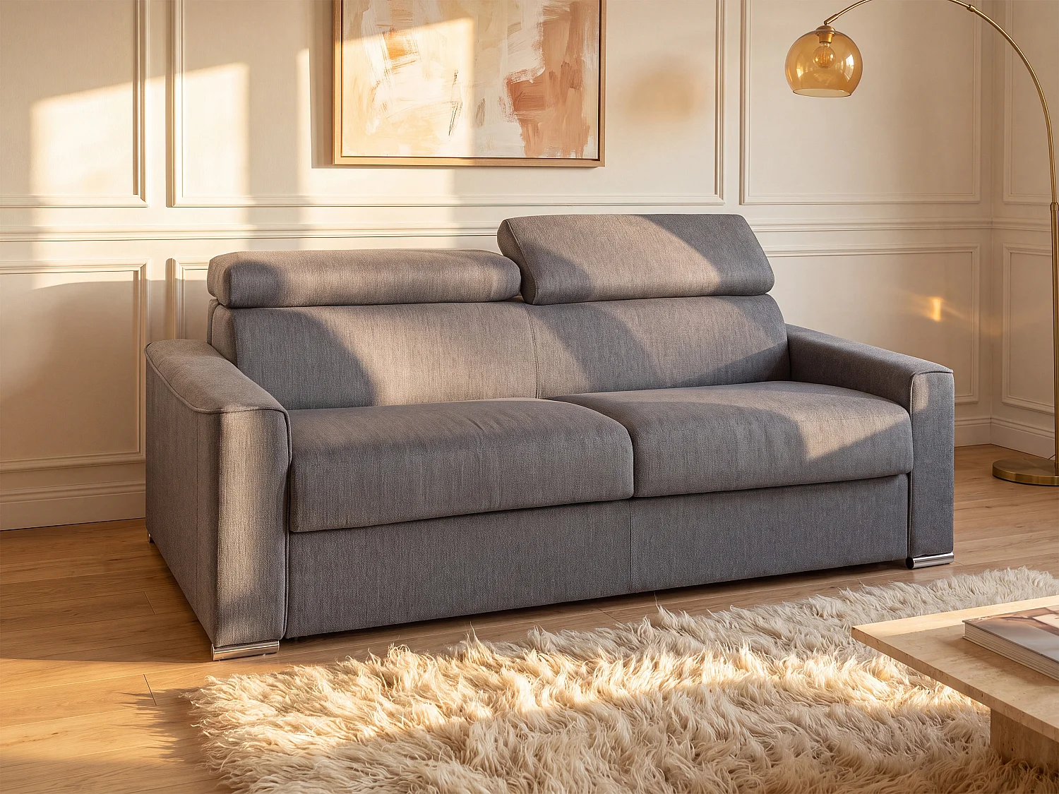 Canapé 2 places convertible express en tissu gris - couchage 120 cm - Matelas 14 cm avec mémoire de forme VIZIR