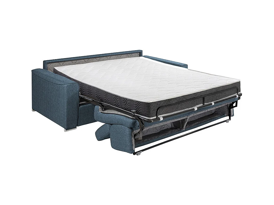 Tweezits-express-slaapbank van blauwe stof - Bed van 120 cm - Matras 18 cm met schuim met vormgeheugen VIZIR