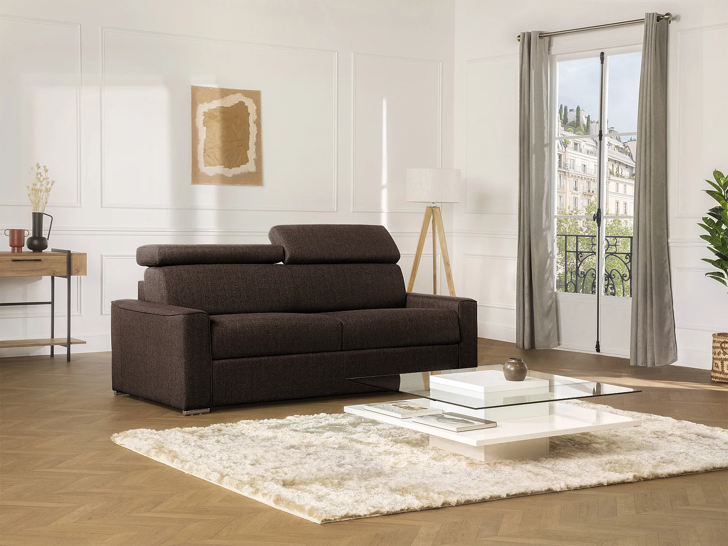 Canapé 4 places convertible express en tissu marron - couchage 160 cm - Matelas 14 cm avec mémoire de forme VIZIR