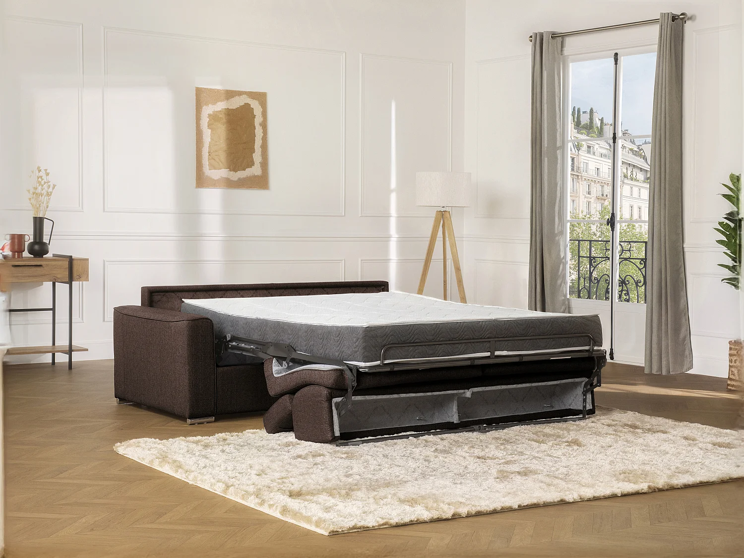 Divano letto 4 posti ribalta memory foam - Posto letto:160cm Materasso:14cm Tessuto Marrone - VIZIR