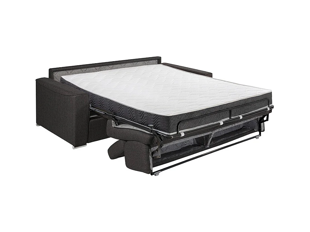Driezits-express-slaapbank van donkerbruine stof - Bed van 140 cm met brede latten - Matras 18 cm met schuim met vormgeheugen VIZIR