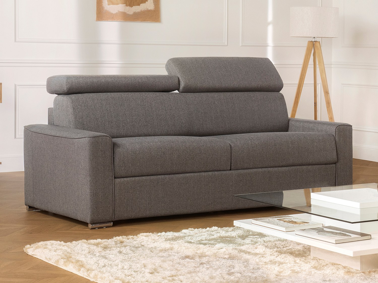 3-seters sovesofa raskt konvertibel i grått stoff lamellbunn 140 cm soveplass 18 cm madrass med memory foam VIZIR