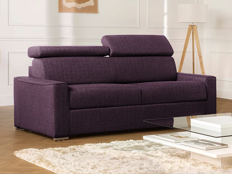 Sofá de 3 lugares convertível de abertura rápida em tecido VIZIR - Violeta - Cama de ripas largas 140 cm - Colchão de 18 cm com memória de forma