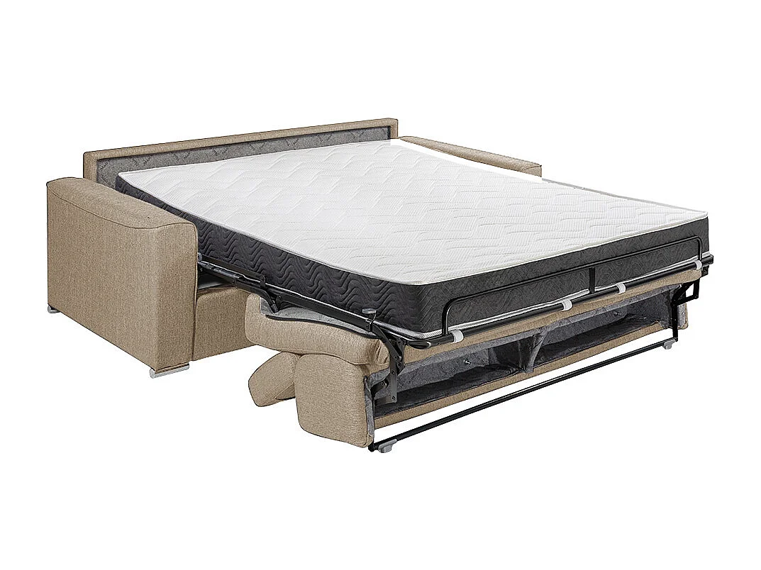 Vierzits-express-slaapbank van beige stof - Bed van 160 cm met brede latten - Matras 18 cm met schuim met vormgeheugen VIZIR