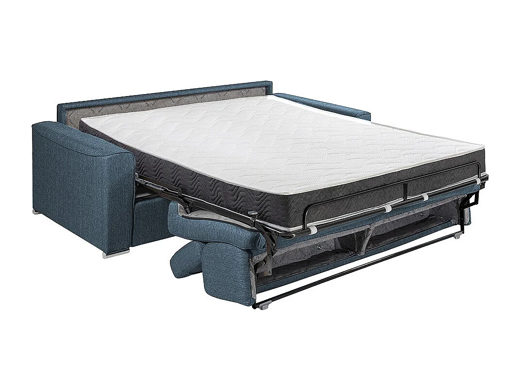 Canapé 4 places convertible express en tissu bleu - couchage lattes larges 160 cm - Matelas 18 cm avec mémoire de forme VIZIR