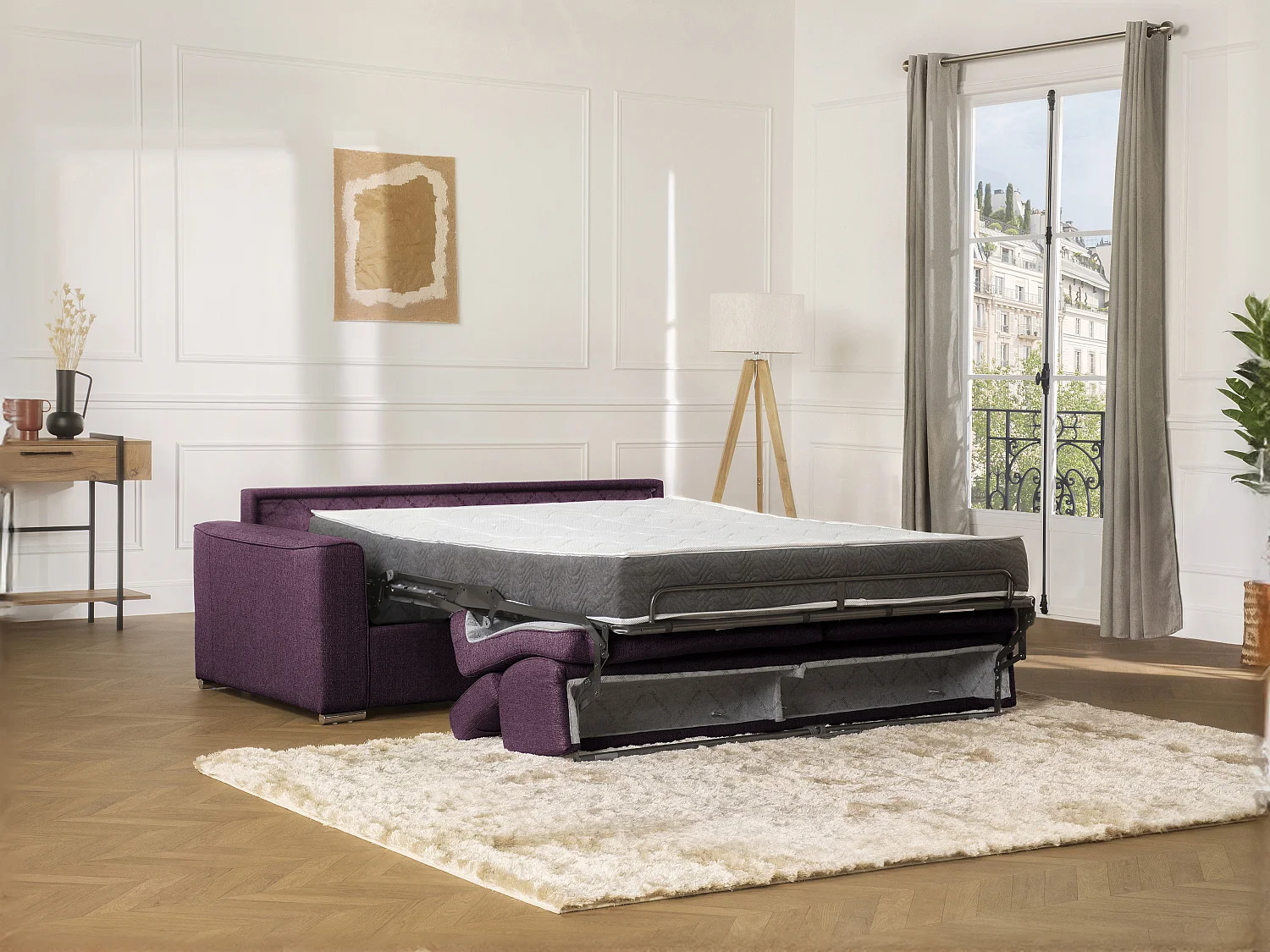 Canapé 2 places convertible express en tissu violet - couchage 120 cm - Matelas 16 cm mémoire de forme VIZIR
