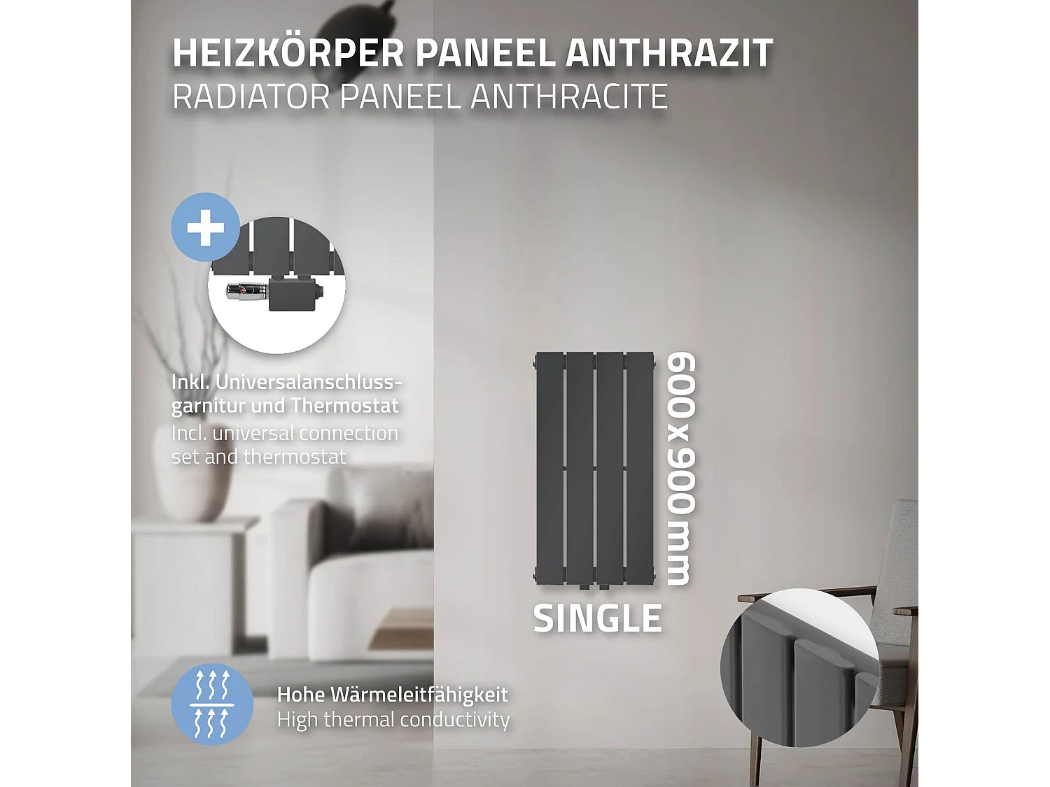 Radiador monocapa de baño antracita 300 x 600 mm con conexión central universal