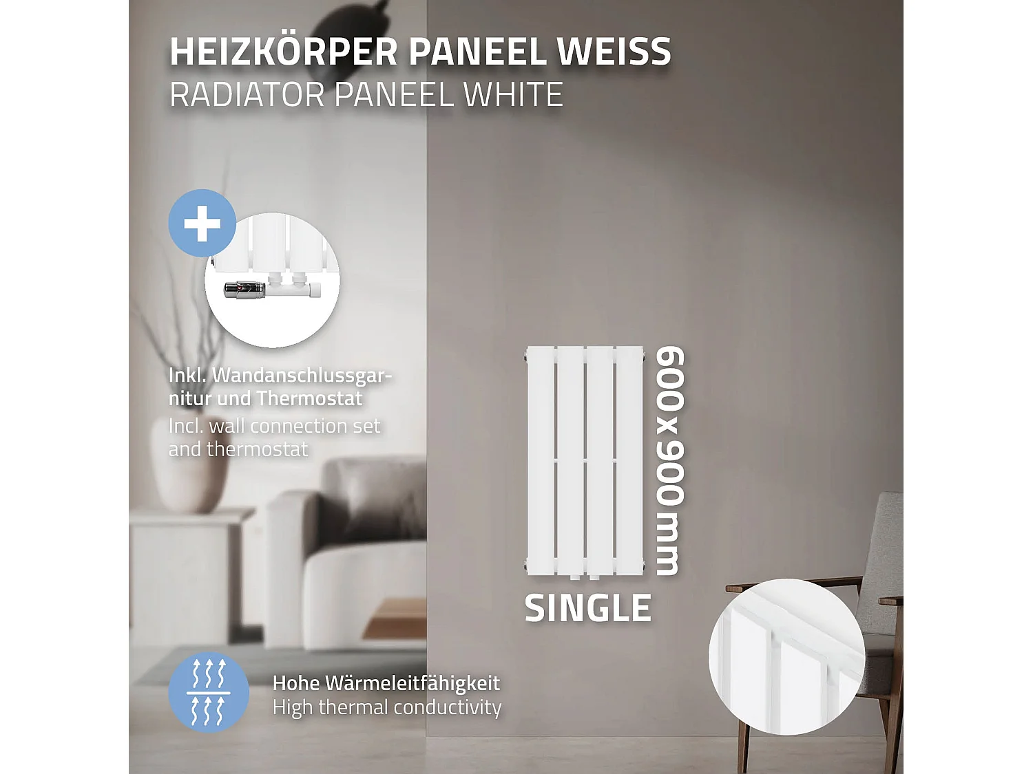 Radiateur à panneaux simple couche raccord mural forme d'angle blanc 300x600 mm