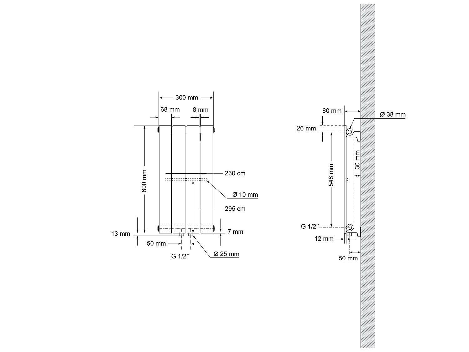 Radiateur à panneaux simple couche raccord mural forme d'angle blanc 300x600 mm